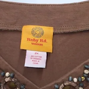 Ruby Rd. | Tops | Beaded V Neck Short Sleeve Brown Ruby Road Womens ...